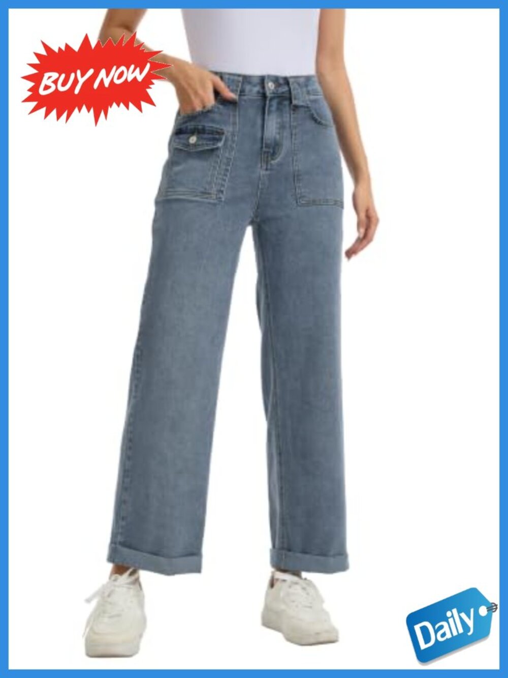High Waist Cargo Wide Leg Jeans Roll Up Cuffs Denim Pants Multi Pocket